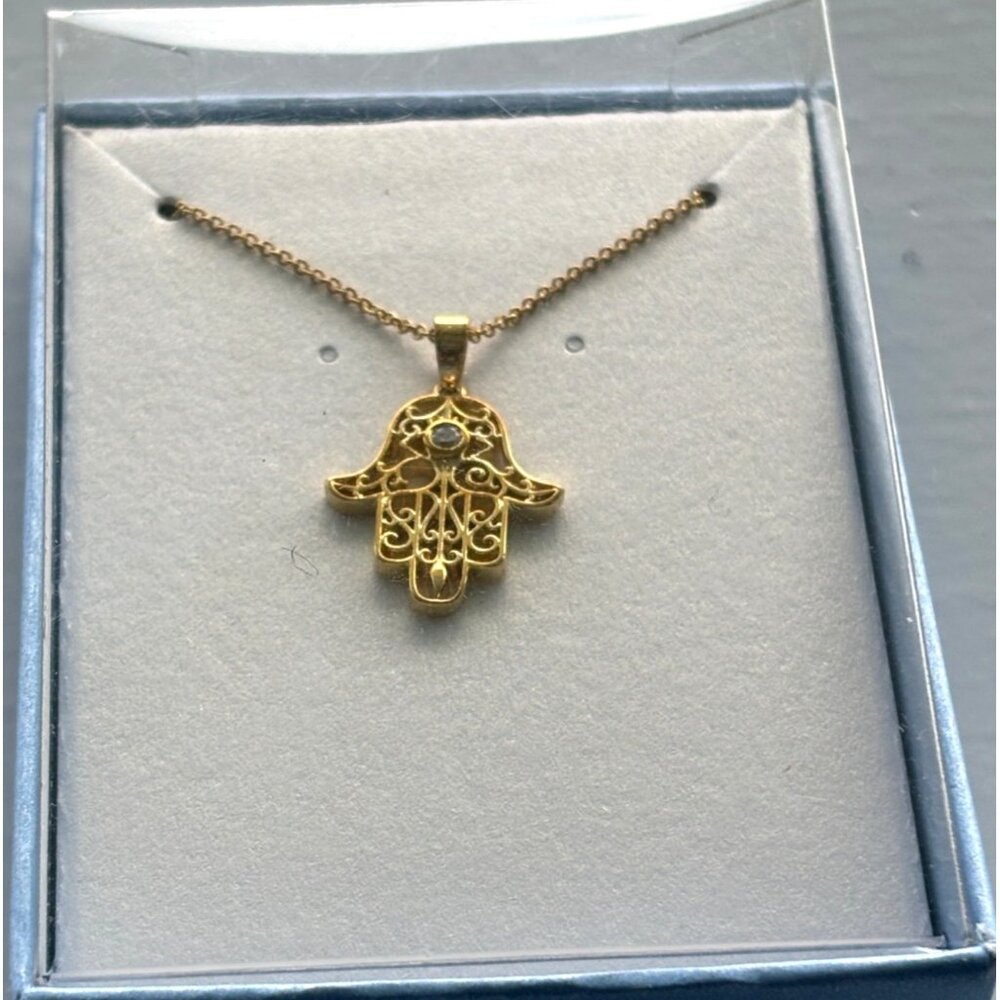 Gold Plated Hamsa Hand Pendant Necklace With Intricate Filigree Design & Clear S